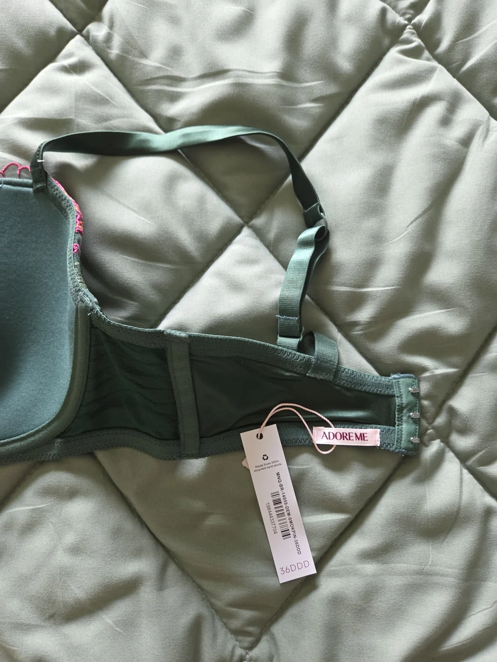 Women's Green Underwire Bra with Pink Floral Embroidery